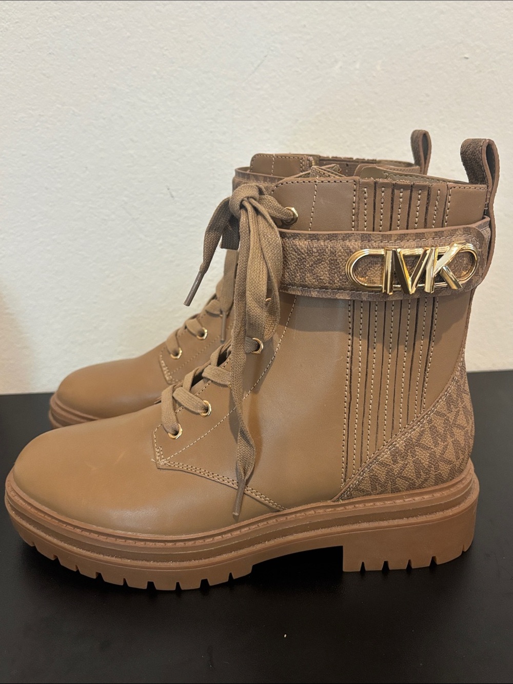 Michael Kors Cognac Lace-Up Combat Boots with MK Logo Strap sz 8